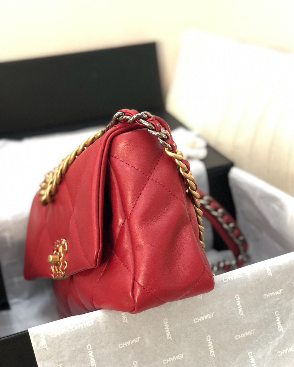 CHANEL 19 FLAP BAG 26 RED LAMBSKIN GOLD HARDWARE