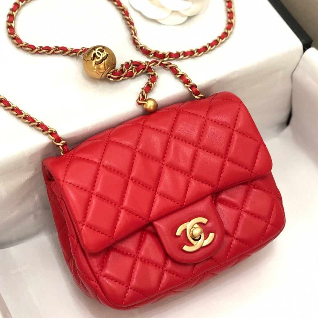 CHANEL MINI SQUARE CLASSIC FLAP BAG 17CM RED LAMBSKIN GOLD HARDWARE