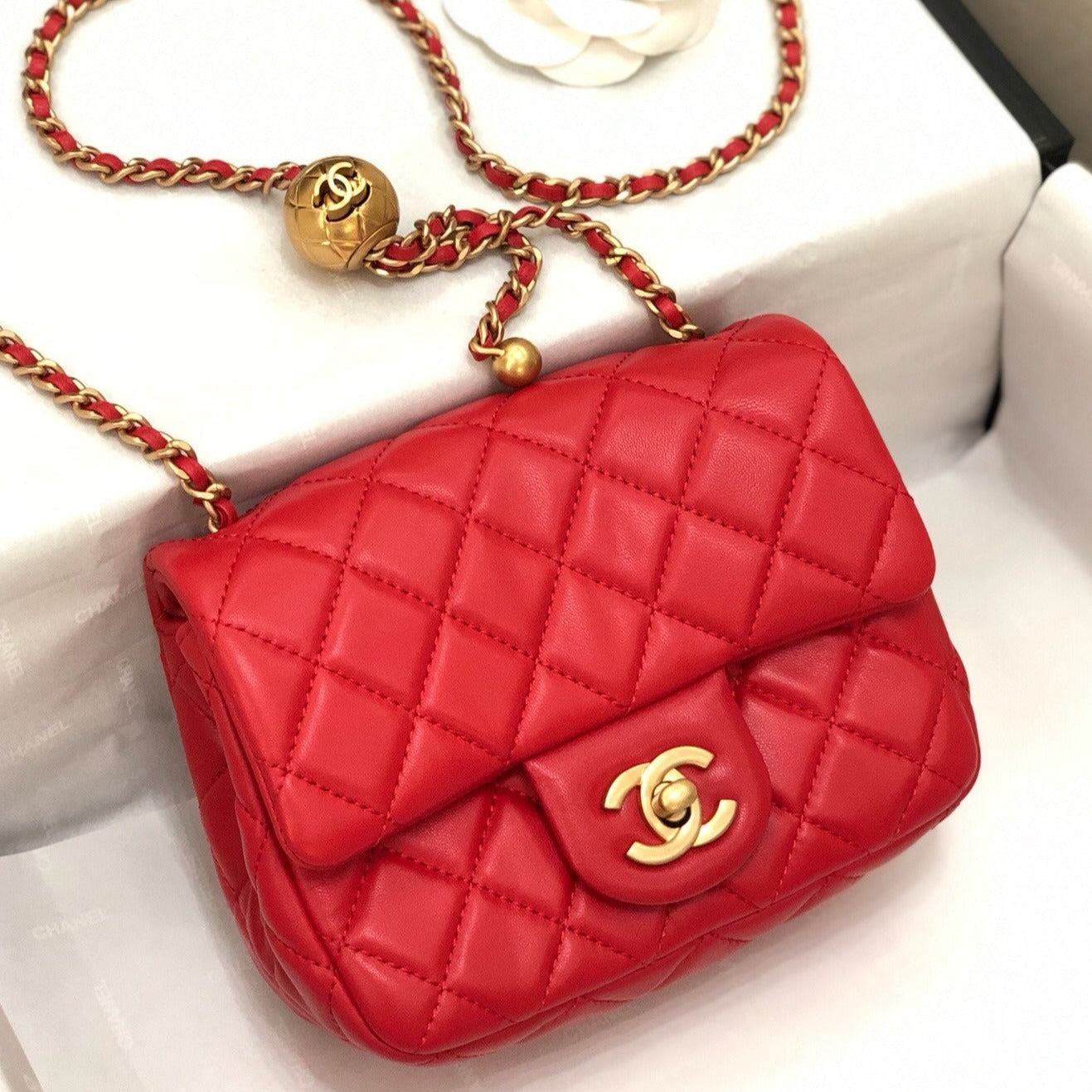 CHANEL MINI SQUARE CLASSIC FLAP BAG 17CM RED LAMBSKIN GOLD HARDWARE
