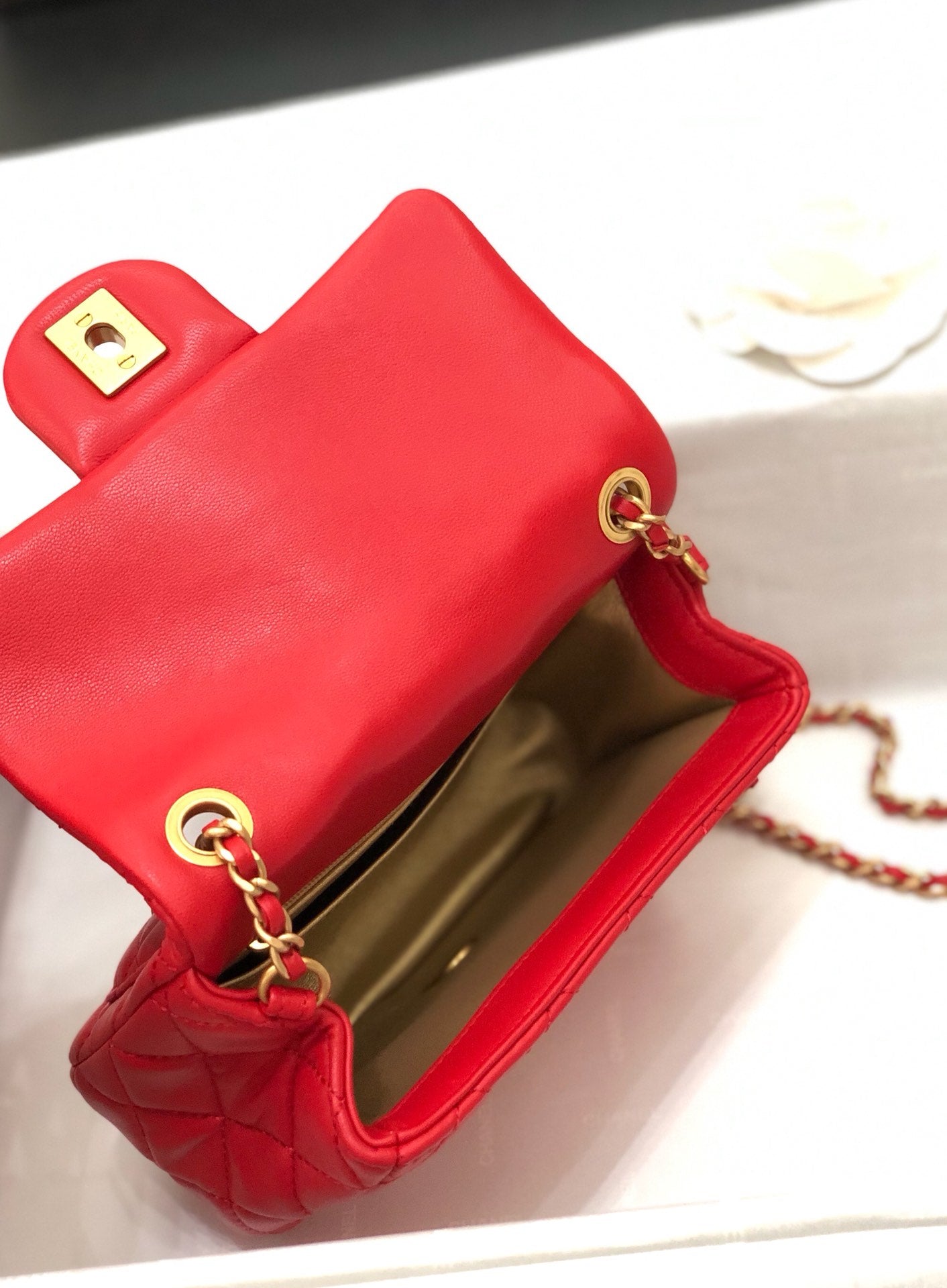 CHANEL MINI SQUARE CLASSIC FLAP BAG 17CM RED LAMBSKIN GOLD HARDWARE
