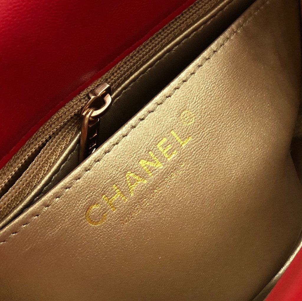 CHANEL MINI SQUARE CLASSIC FLAP BAG 17CM RED LAMBSKIN GOLD HARDWARE