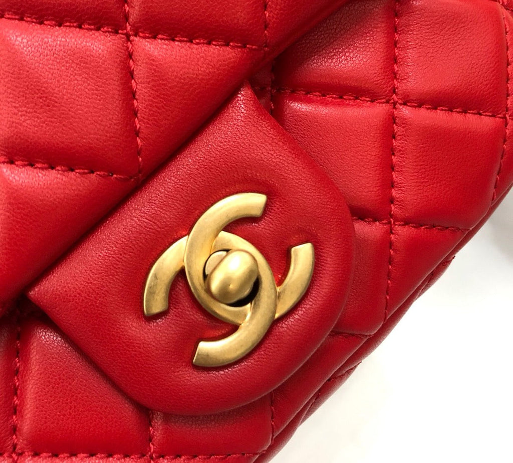 CHANEL MINI SQUARE CLASSIC FLAP BAG 17CM RED LAMBSKIN GOLD HARDWARE