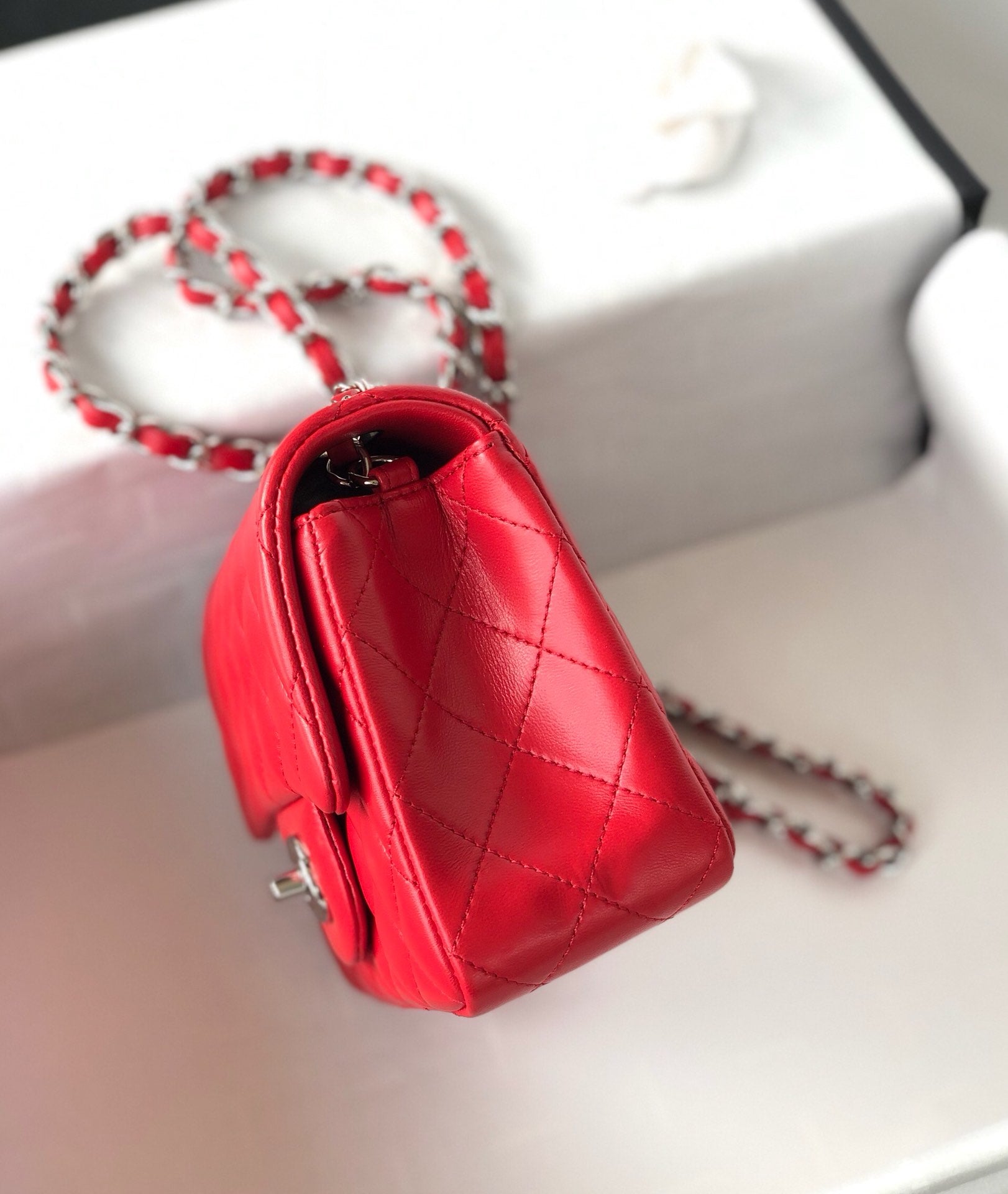 CHANEL MINI SQUARE FLAP BAG 17CM RED LAMBSKIN SILVER HARDWARE
