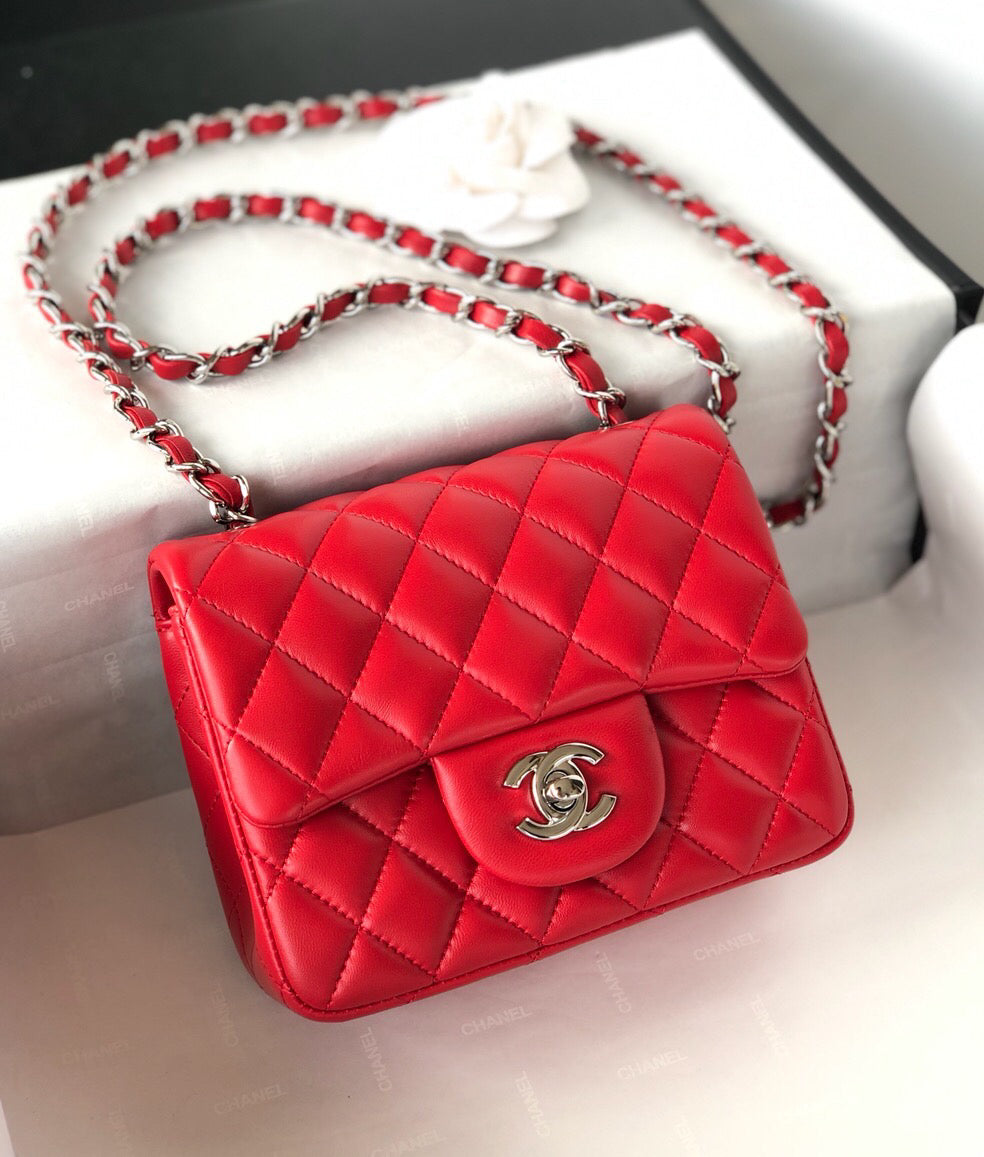 CHANEL MINI SQUARE FLAP BAG 17CM RED LAMBSKIN SILVER HARDWARE