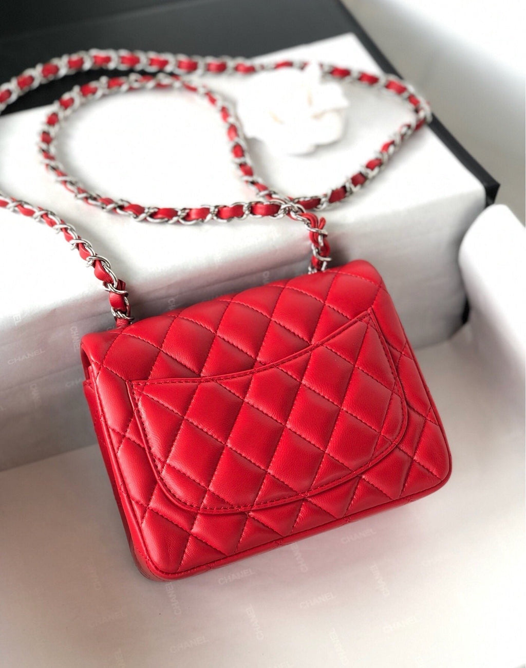 CHANEL MINI SQUARE FLAP BAG 17CM RED LAMBSKIN SILVER HARDWARE