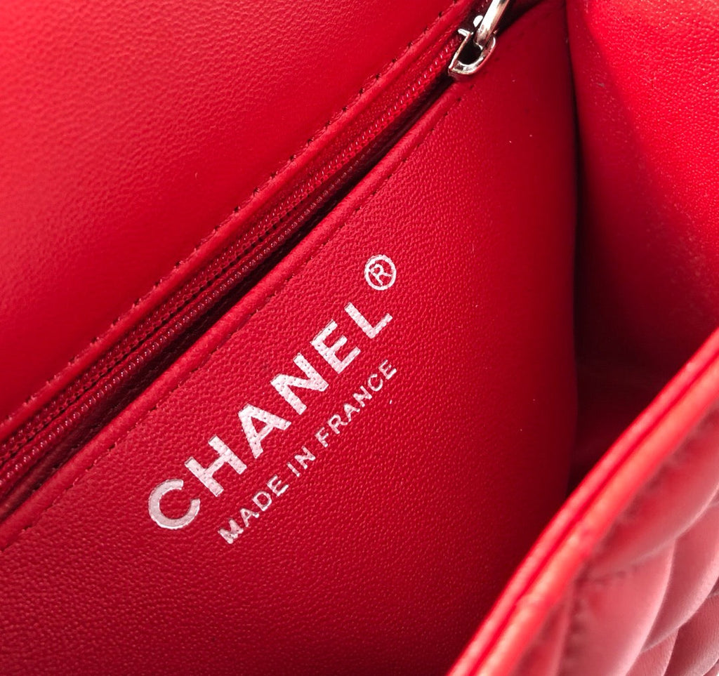 CHANEL MINI SQUARE FLAP BAG 17CM RED LAMBSKIN SILVER HARDWARE