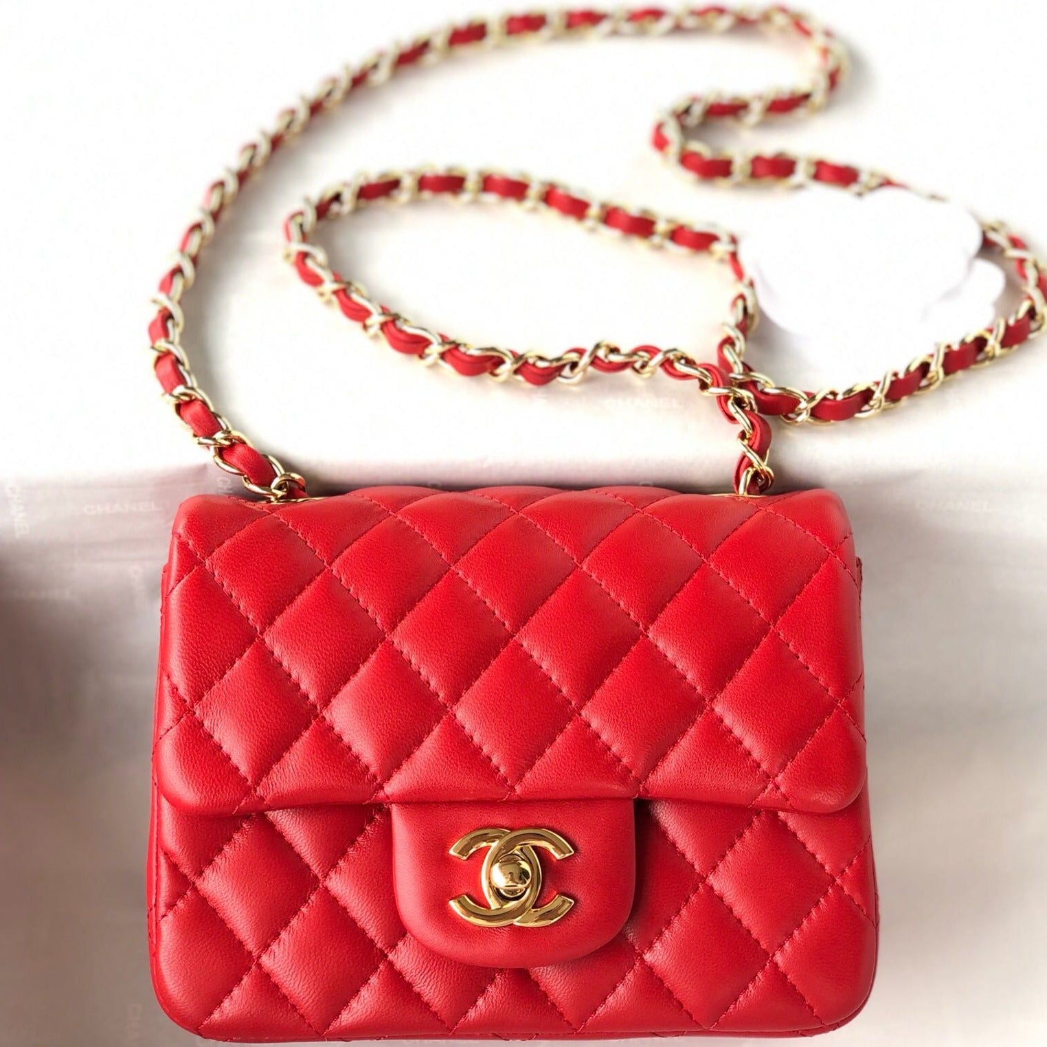 CHANEL MINI SQUARE FLAP BAG 17CM RED LAMBSKIN GOLD HARDWARE
