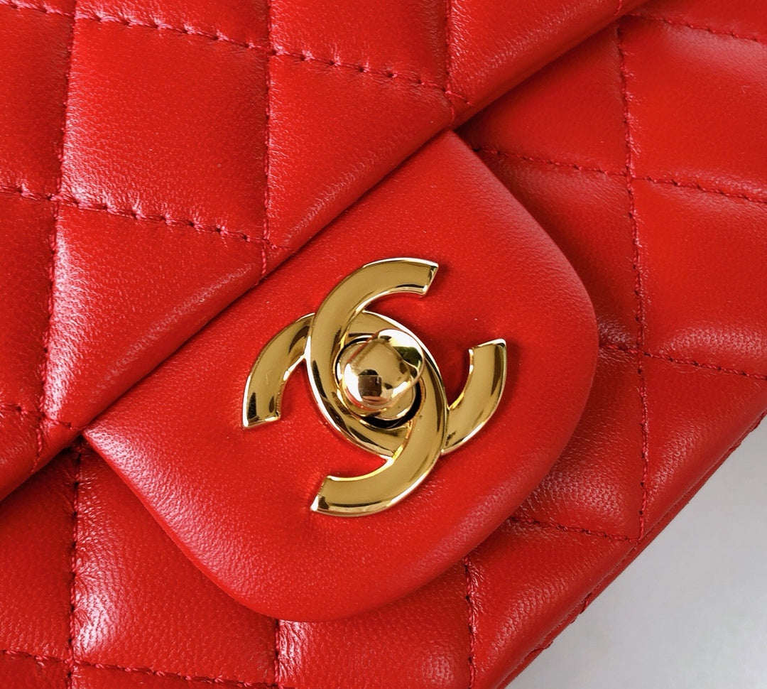 CHANEL MINI SQUARE FLAP BAG 17CM RED LAMBSKIN GOLD HARDWARE