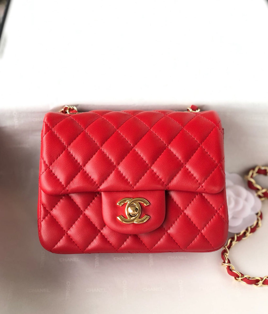 CHANEL MINI SQUARE FLAP BAG 17CM RED LAMBSKIN GOLD HARDWARE