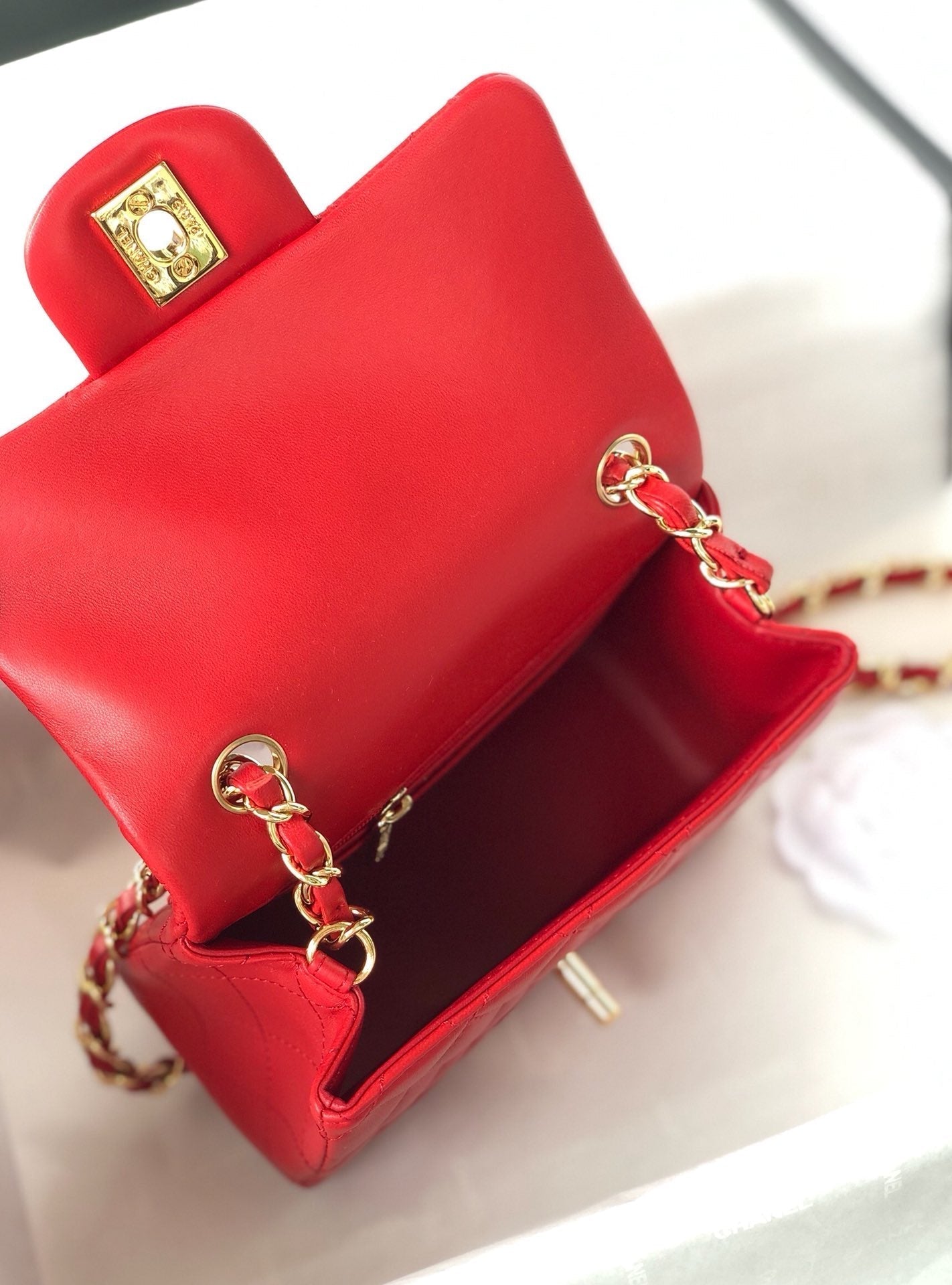 CHANEL MINI SQUARE FLAP BAG 17CM RED LAMBSKIN GOLD HARDWARE