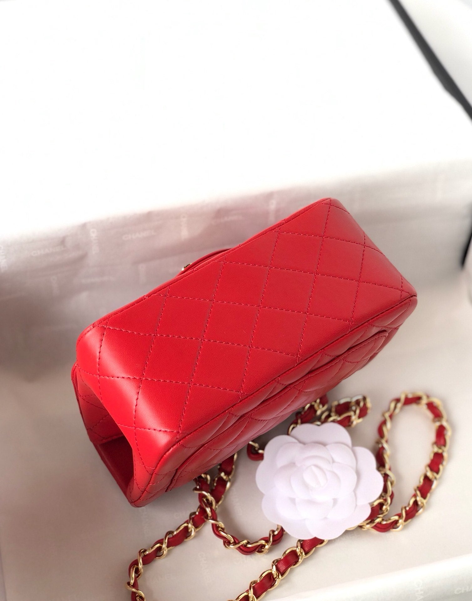 CHANEL MINI SQUARE FLAP BAG 17CM RED LAMBSKIN GOLD HARDWARE