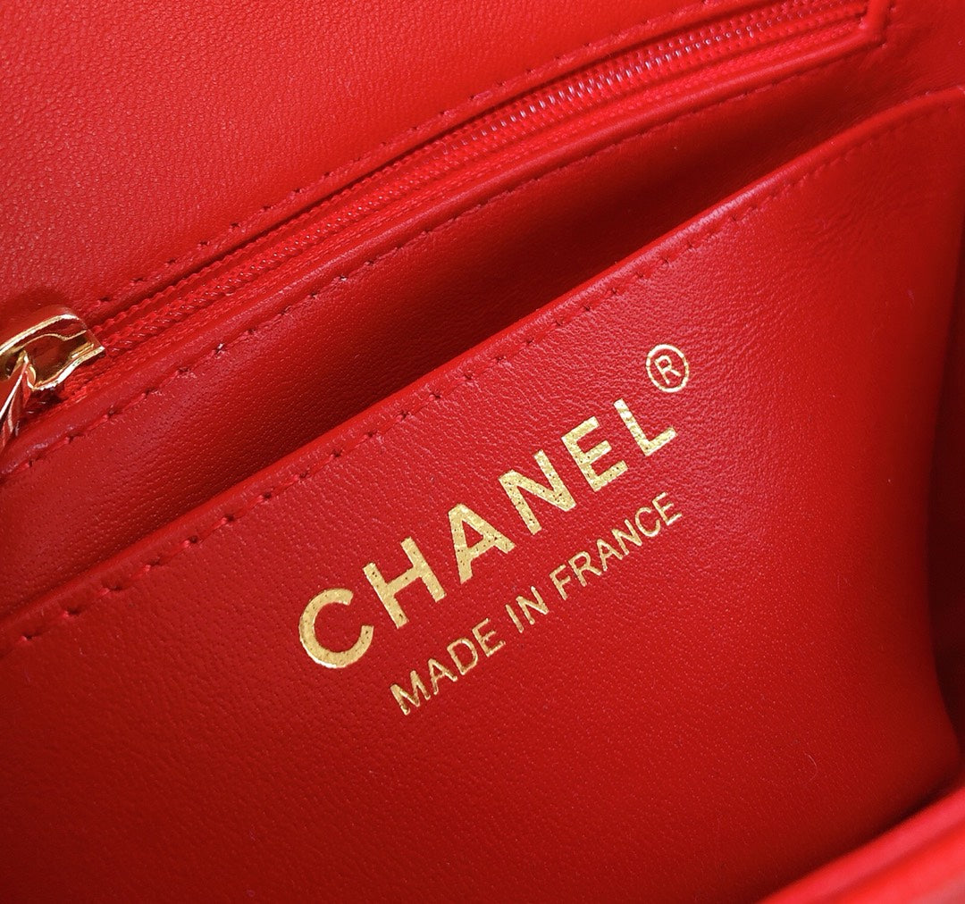 CHANEL MINI SQUARE FLAP BAG 17CM RED LAMBSKIN GOLD HARDWARE