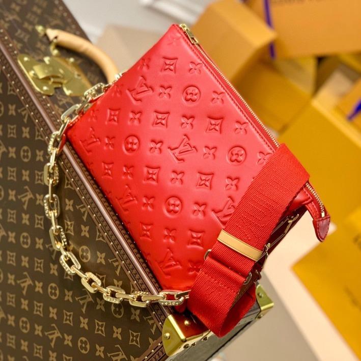 LOUIS VUITTON COUSSIN PM 27 RED MONOGRAM EMBOSSED PUFFY LAMBSKIN