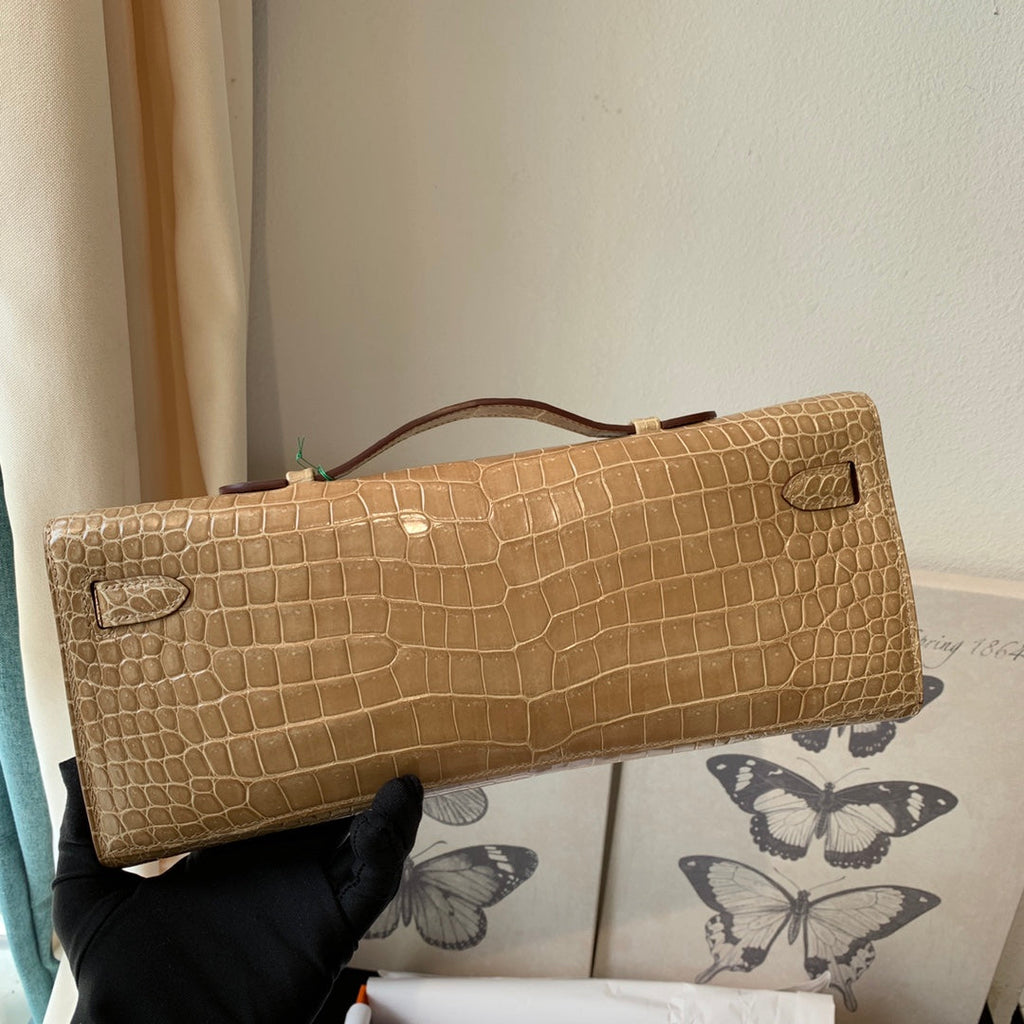 HERMES KELLY CUT 31 IN TORTILLA BROWN ALLIGATOR LEATHER WITH SILVER HARDWARE