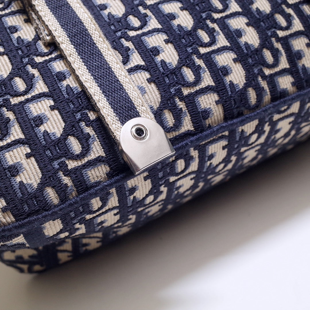 DIOR CAMP DOUBLE BUCKLE BAG 28 IN NAVY BLUE MONOGRAM OBLIQUE JACQUARD