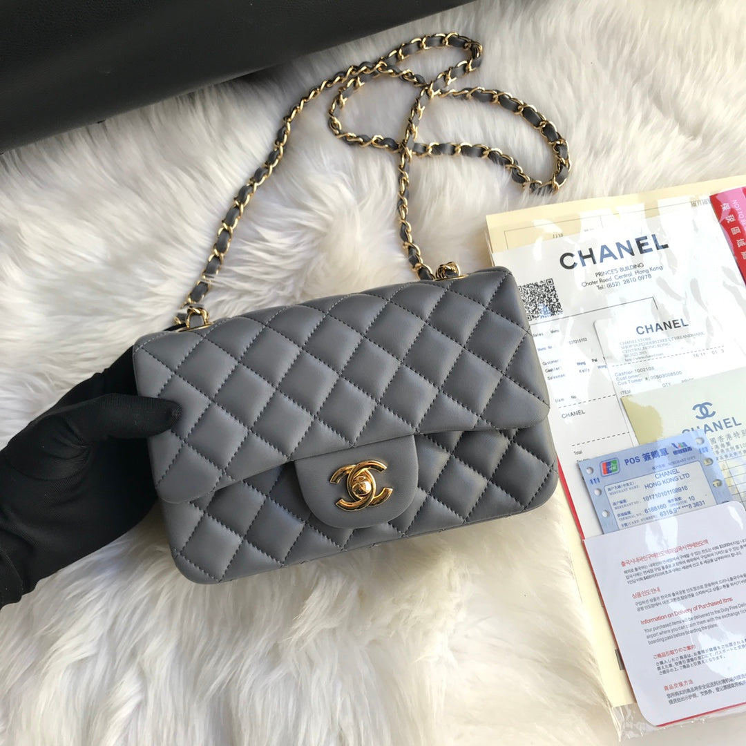CHANEL MINI 20 BAG IN SHADOW GREY CALFSKIN GOLD HARDWARE