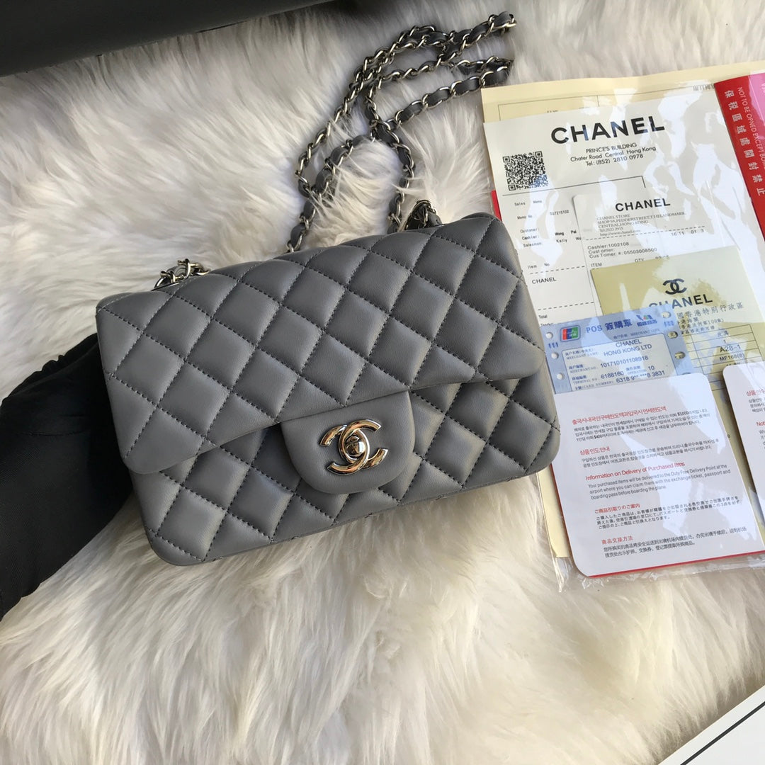CHANEL MINI 20 BAG IN SHADOW GREY CALFSKIN GOLD HARDWARE