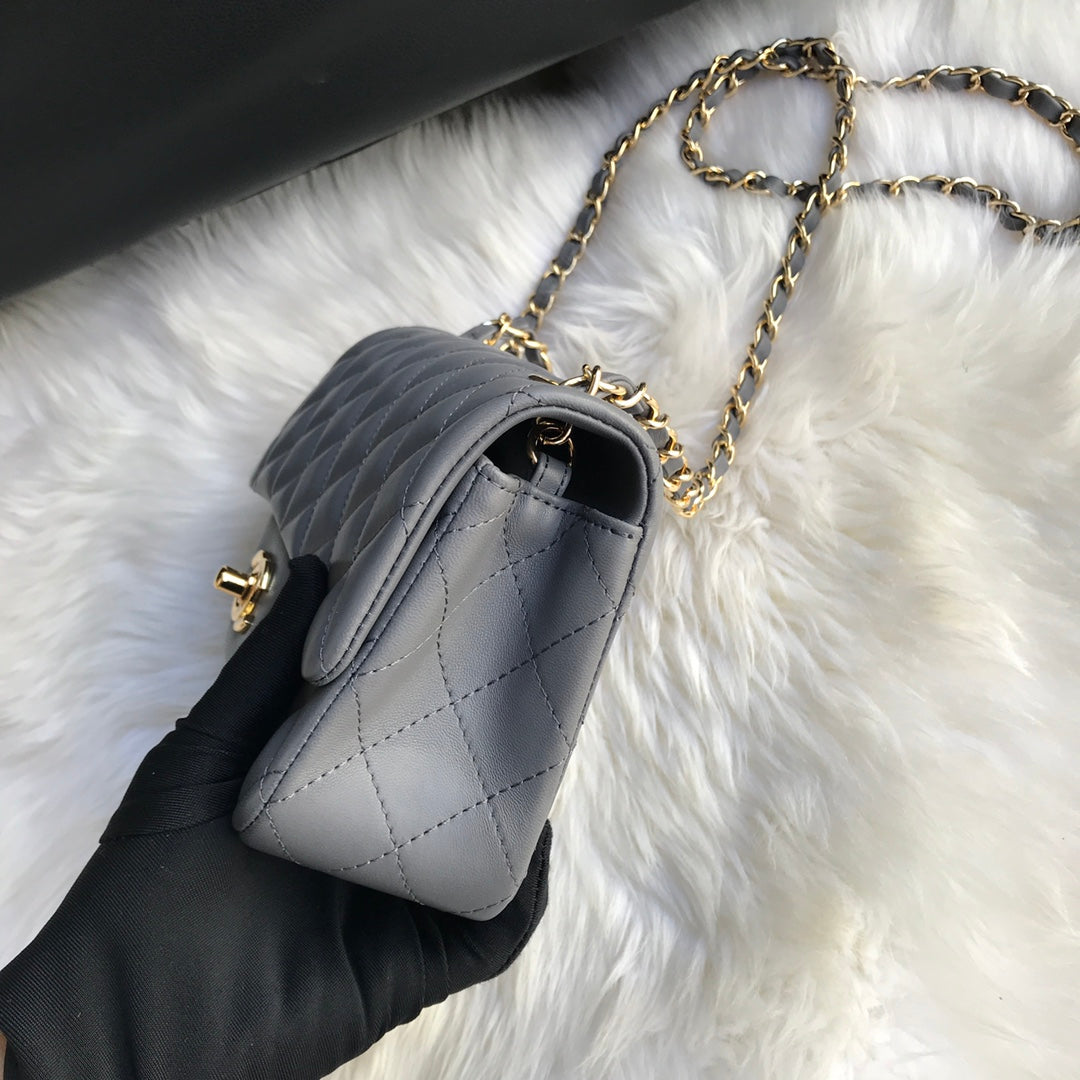 CHANEL MINI 20 BAG IN SHADOW GREY CALFSKIN GOLD HARDWARE
