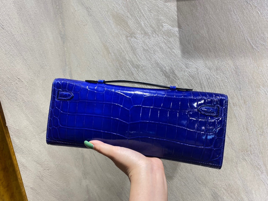 HERMES KELLY CUT 31 IN ADMIRAL BLUE SHINNY ALLIGATOR LEATHER WITH SILVER HARDWARE