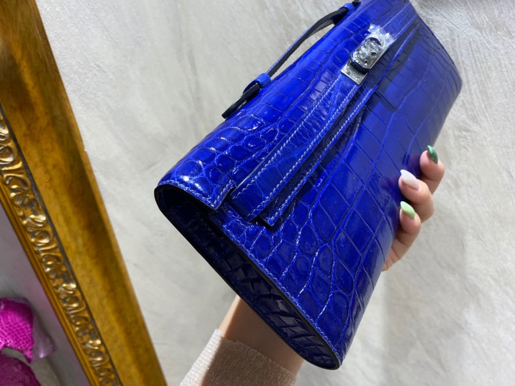 HERMES KELLY CUT 31 IN ADMIRAL BLUE SHINNY ALLIGATOR LEATHER WITH SILVER HARDWARE