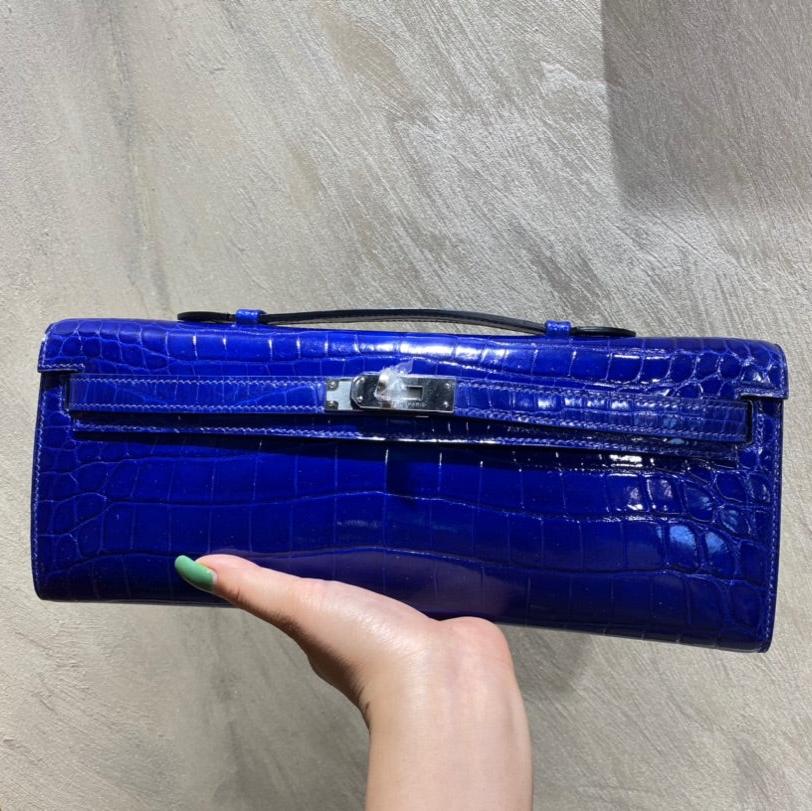 HERMES KELLY CUT 31 IN ADMIRAL BLUE SHINNY ALLIGATOR LEATHER WITH SILVER HARDWARE
