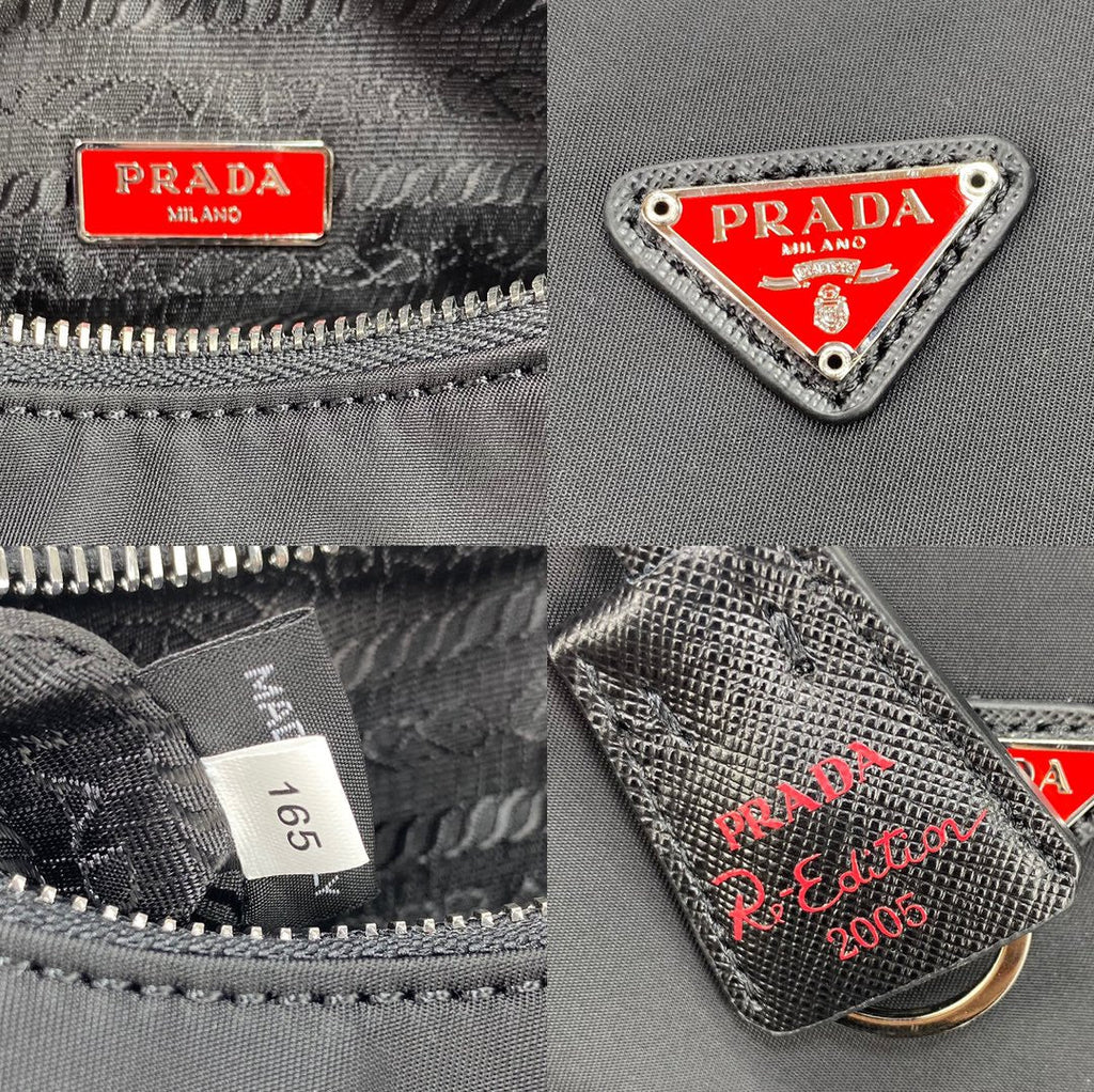 PRADA HOBO 22 BAG IN BLACK RE-NYLON WITH RED LOGO