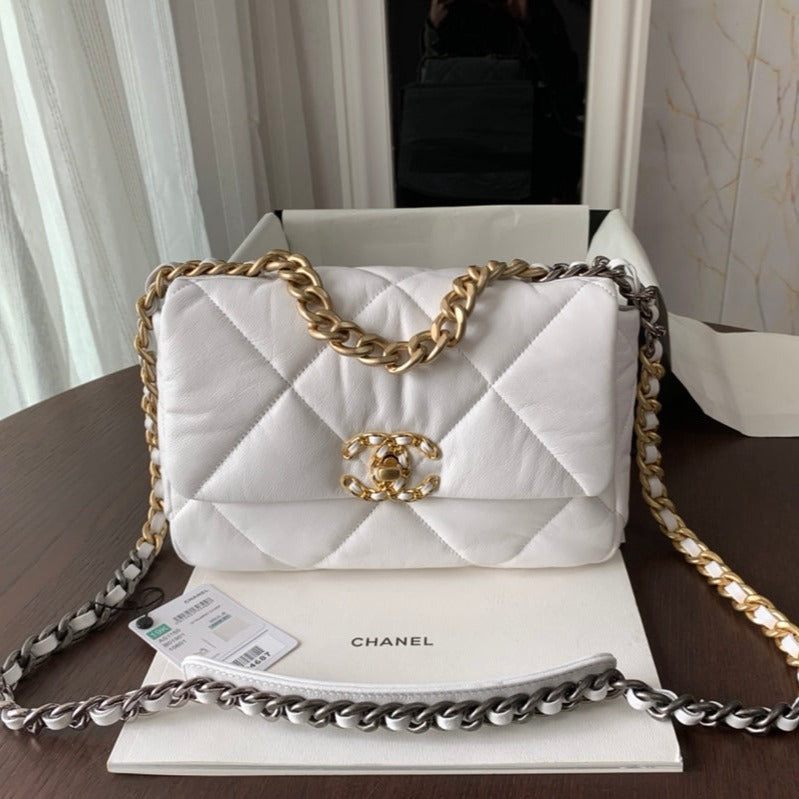 CHANEL 19 FLAP BAG 30 WHITE GOATSKIN