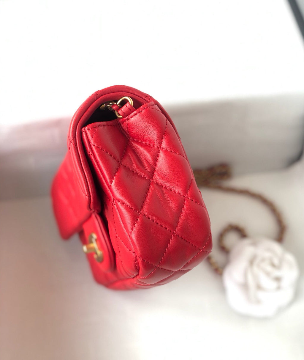 CHANEL MINI RECTANGLE CLASSIC FLAP BAG 20CM RED LAMBSKIN GOLD HARDWARE