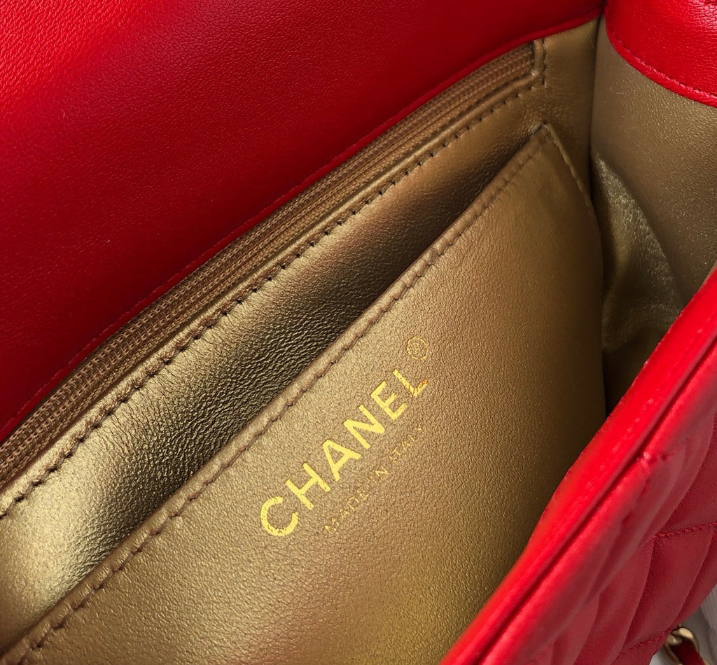 CHANEL MINI RECTANGLE CLASSIC FLAP BAG 20CM RED LAMBSKIN GOLD HARDWARE