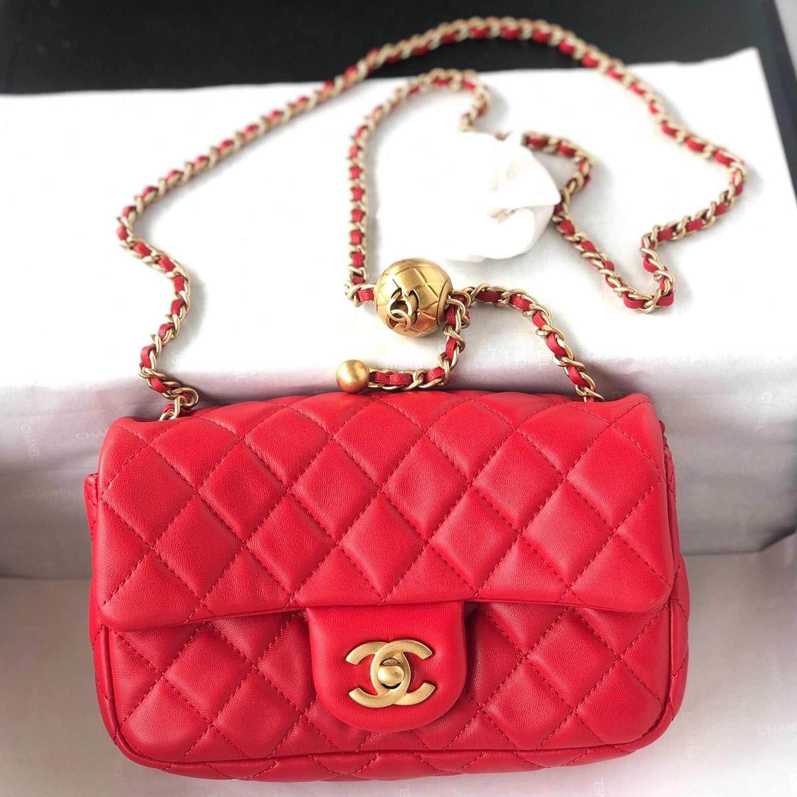 CHANEL MINI RECTANGLE CLASSIC FLAP BAG 20CM RED LAMBSKIN GOLD HARDWARE