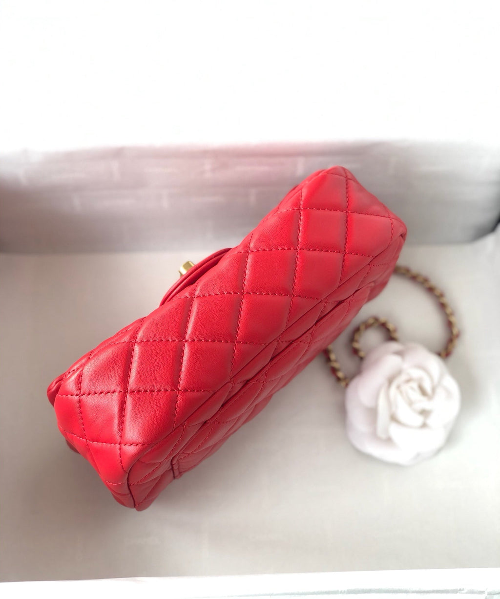 CHANEL MINI RECTANGLE CLASSIC FLAP BAG 20CM RED LAMBSKIN GOLD HARDWARE