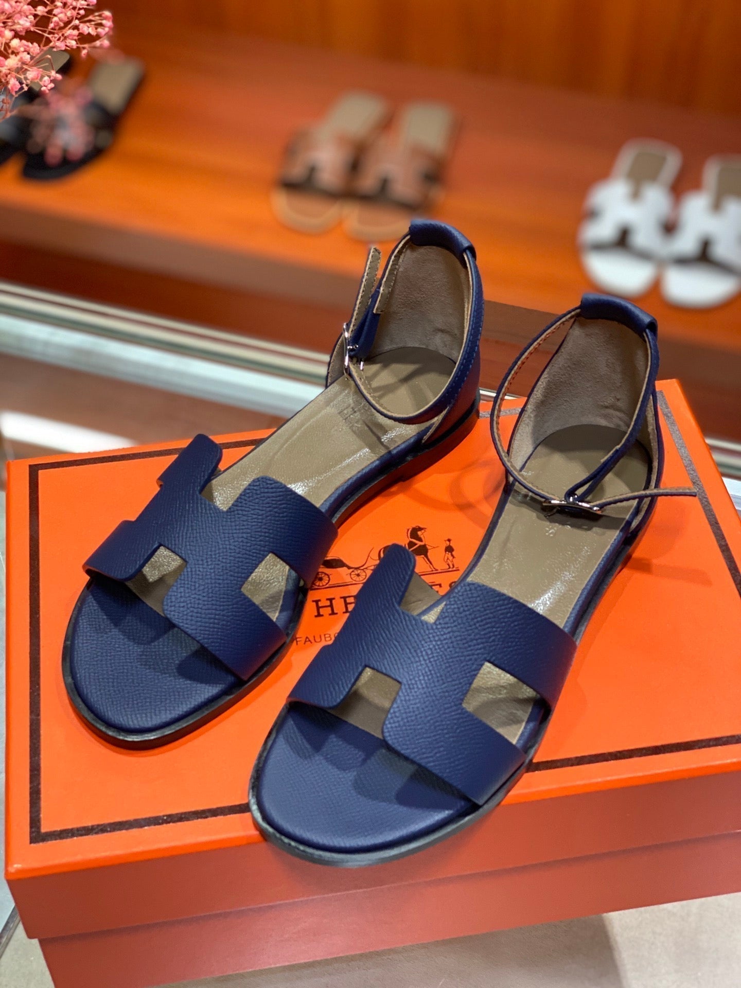 HERMES SANTORINI SANDAL NAVY CALFSKIN