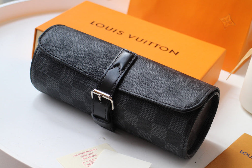 LOUIS VUITTON LV 25S ASTUCCIO PER 3 OROLOGI 20 IN BLACK DAMIER GRAPHITE CALFSKIN