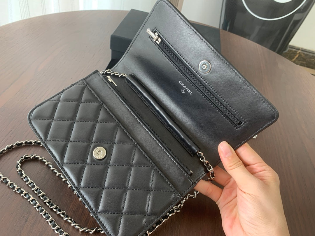 CHANEL MINI 19 CLASSIC WALLET WITH STRAP IN BLACK LAMBSKIN WITH SILVER HARDWARE