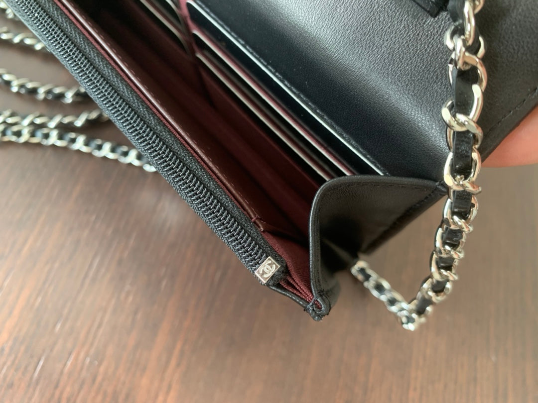 CHANEL MINI 19 CLASSIC WALLET WITH STRAP IN BLACK LAMBSKIN WITH SILVER HARDWARE