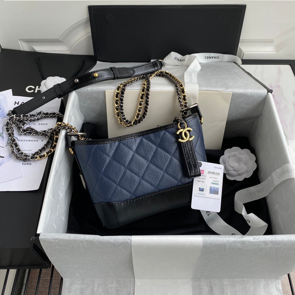 CHANEL GABRIELLE MINI 20 HOBO BAG IN MIDNIGHT BLUE MIX BLACK CALFSKIN
