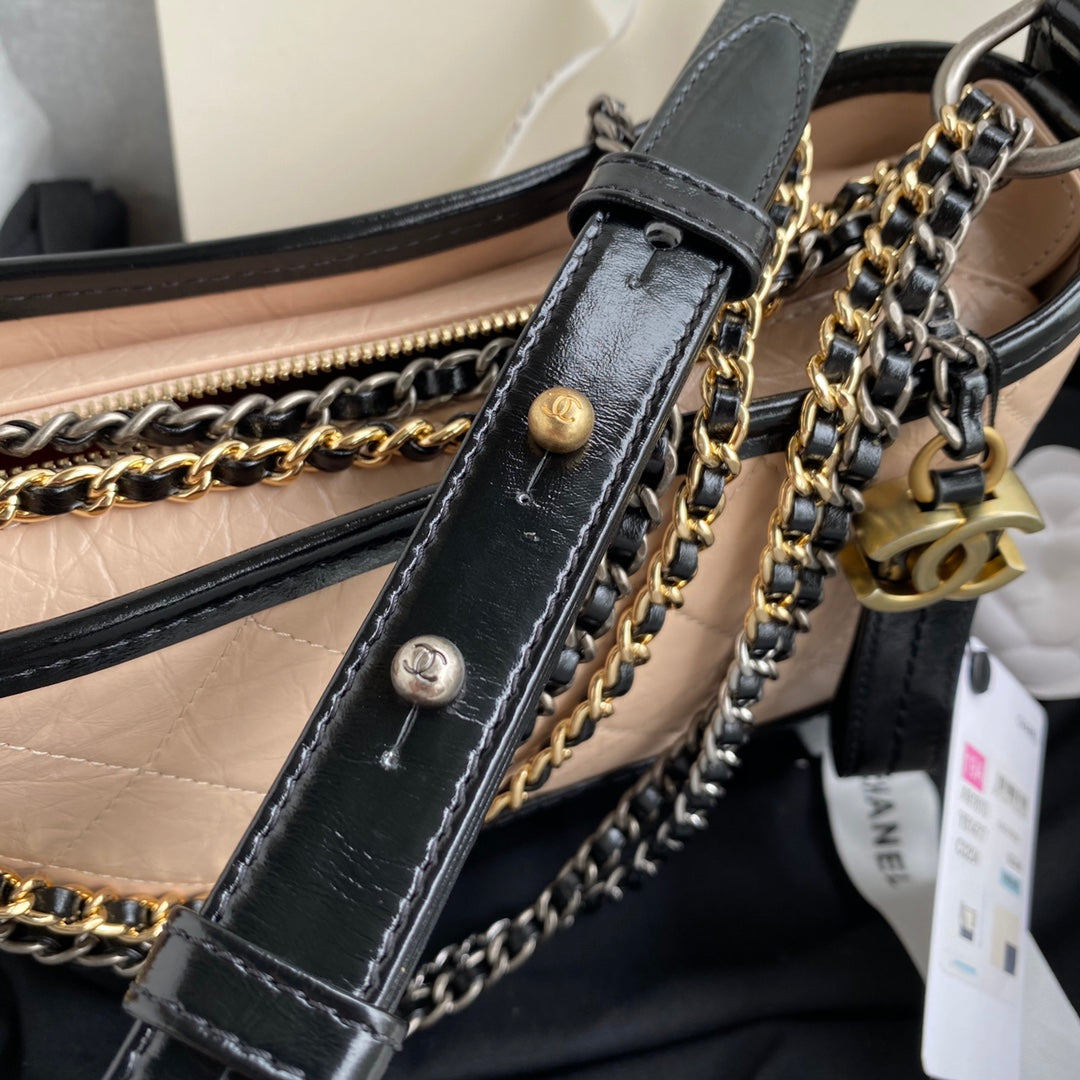 CHANEL GABRIELLE MINI 20 HOBO BAG IN ALMOND BEIGE MIX BLACK CALFSKIN