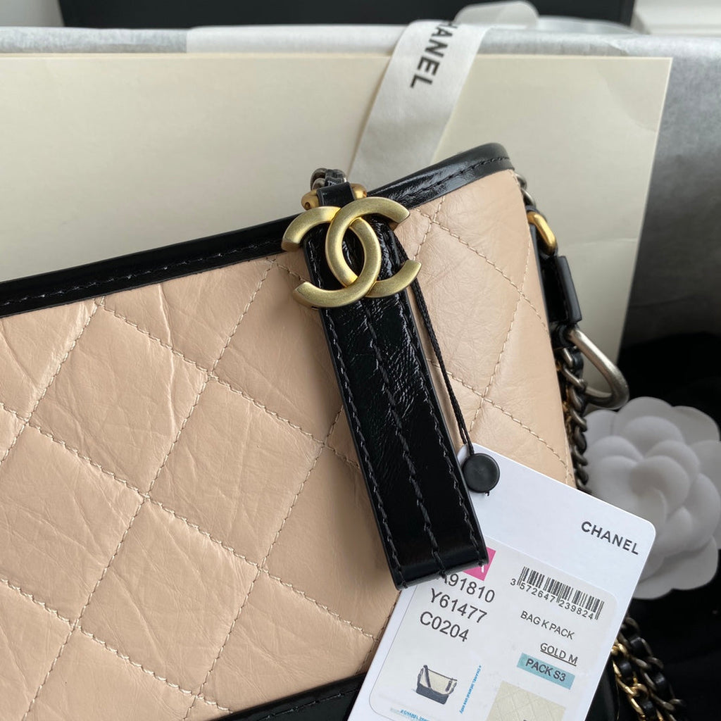 CHANEL GABRIELLE MINI 20 HOBO BAG IN ALMOND BEIGE MIX BLACK CALFSKIN