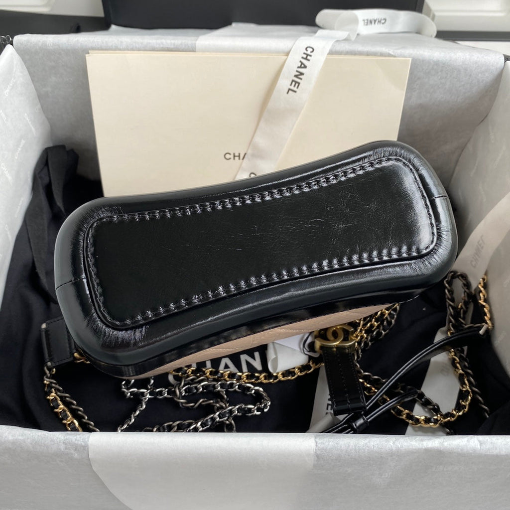 CHANEL GABRIELLE MINI 20 HOBO BAG IN ALMOND BEIGE MIX BLACK CALFSKIN
