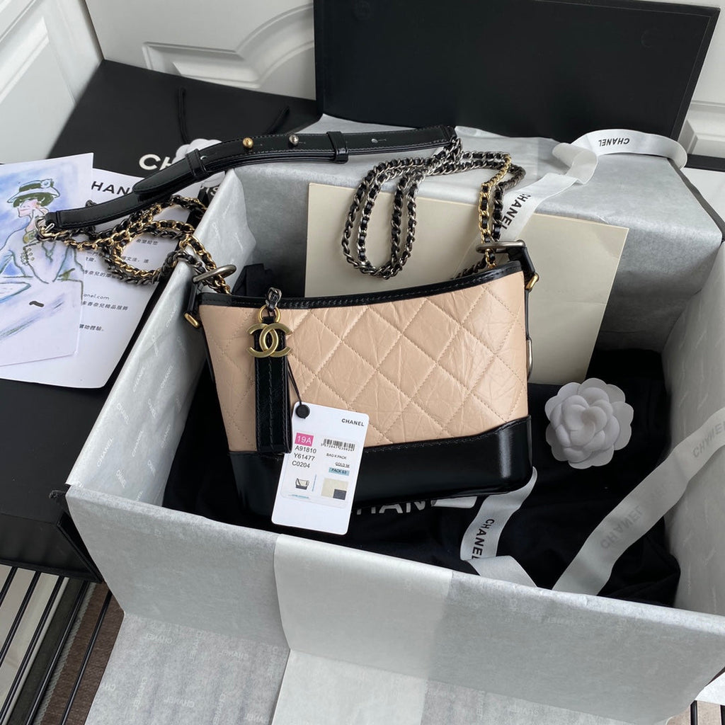CHANEL GABRIELLE MINI 20 HOBO BAG IN ALMOND BEIGE MIX BLACK CALFSKIN