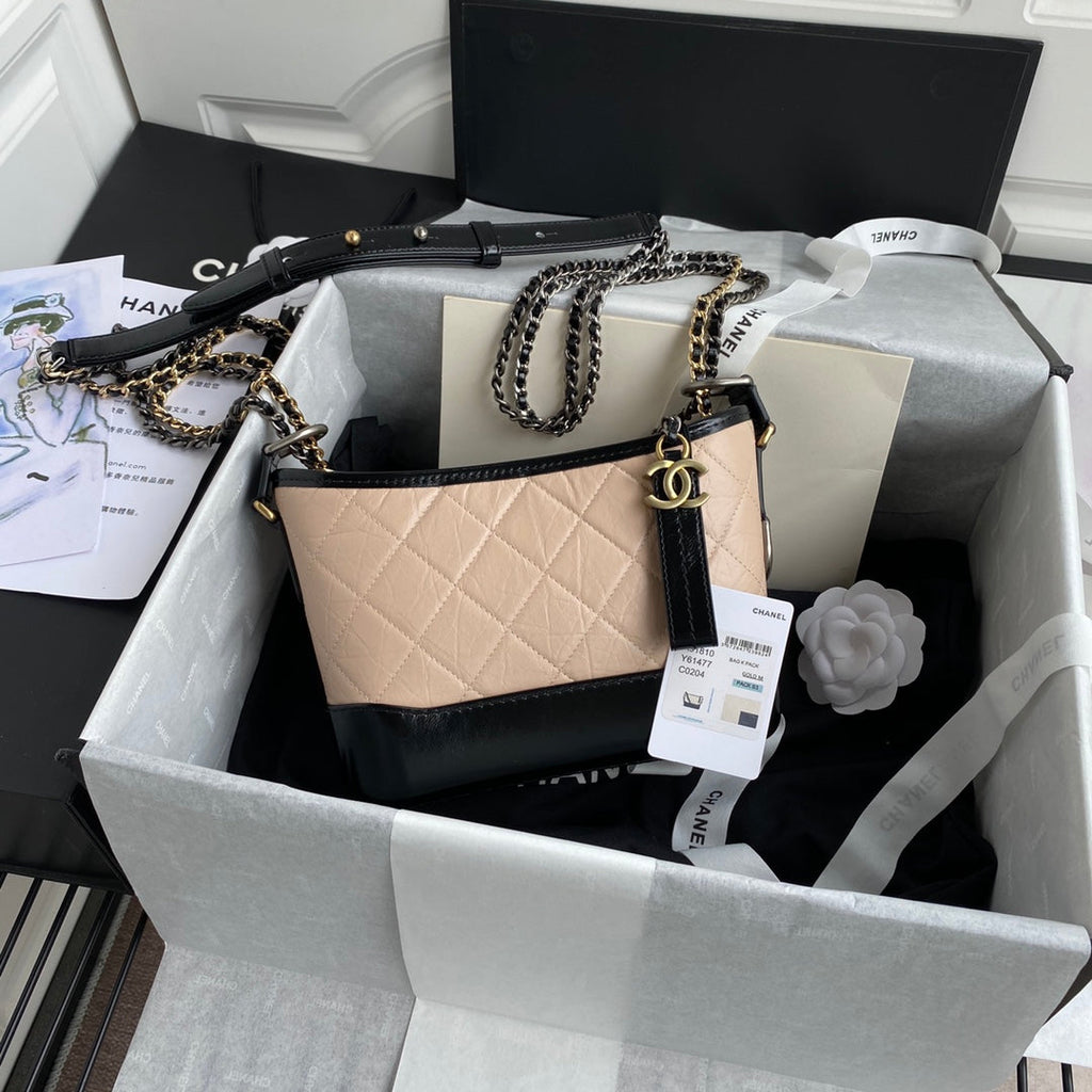CHANEL GABRIELLE MINI 20 HOBO BAG IN ALMOND BEIGE MIX BLACK CALFSKIN