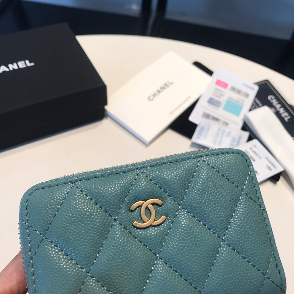 CHANEL ZIPPED COIN BASIC PURSE 11 TEAL CALFSKIN GOLD ICON