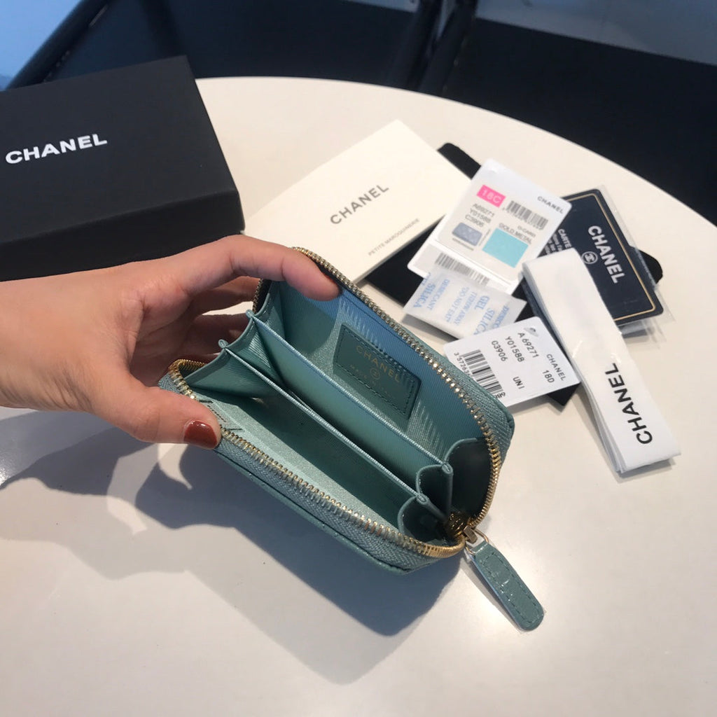 CHANEL ZIPPED COIN BASIC PURSE 11 TEAL CALFSKIN GOLD ICON