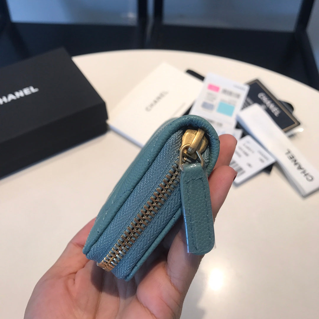 CHANEL ZIPPED COIN BASIC PURSE 11 TEAL CALFSKIN GOLD ICON