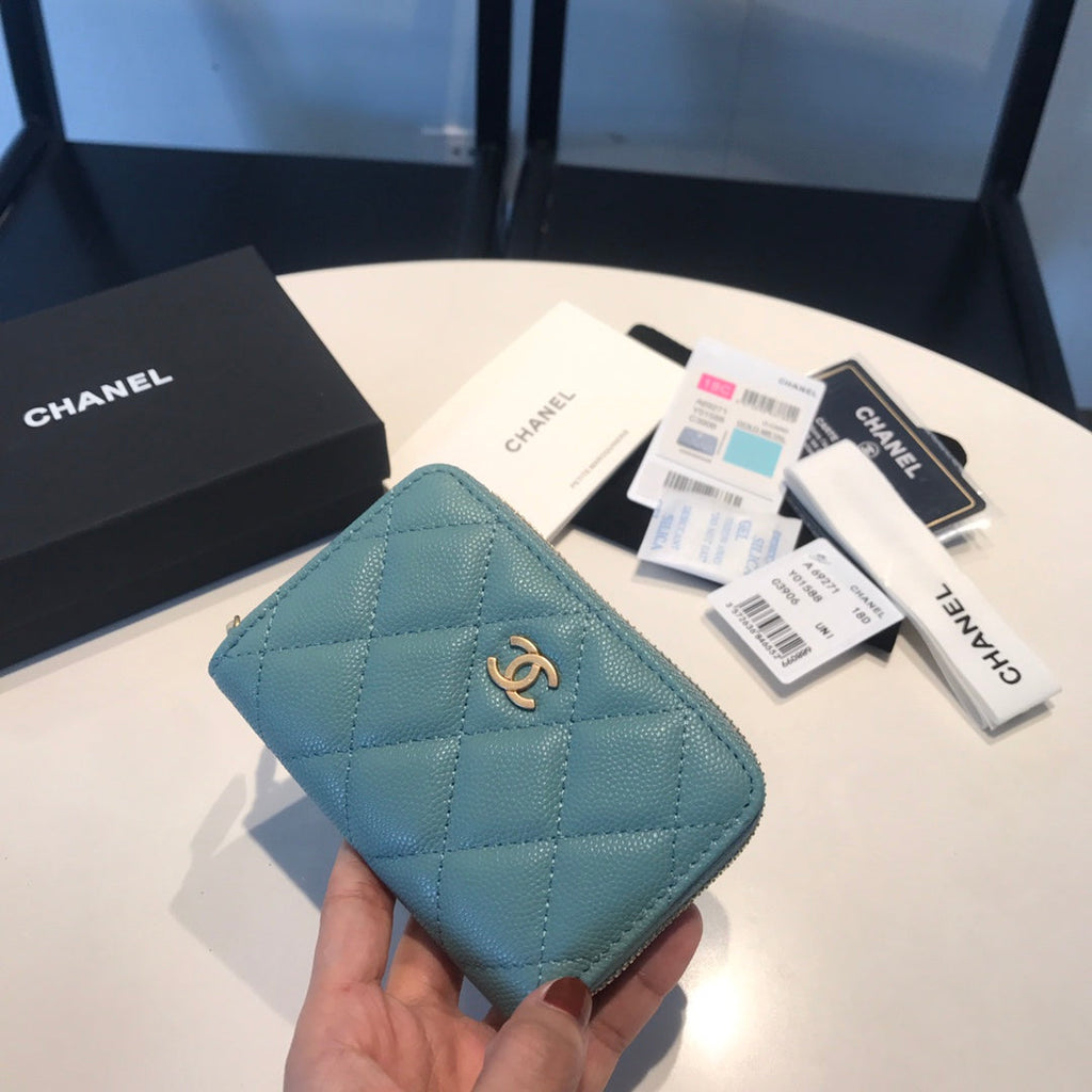 CHANEL ZIPPED COIN BASIC PURSE 11 TEAL CALFSKIN GOLD ICON
