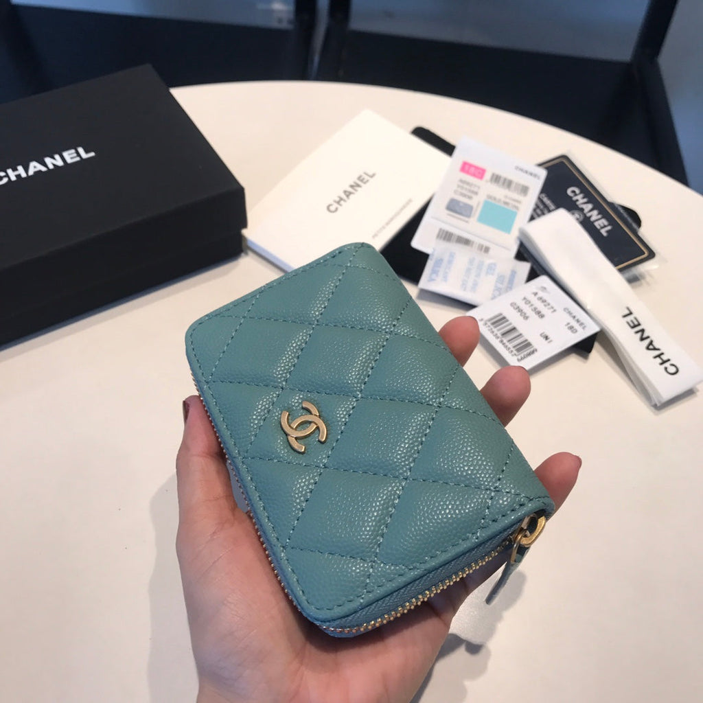 CHANEL ZIPPED COIN BASIC PURSE 11 TEAL CALFSKIN GOLD ICON