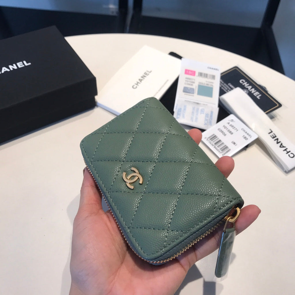 CHANEL ZIPPED COIN BASIC PURSE 11 TURQUOISE CALFSKIN GOLD ICON