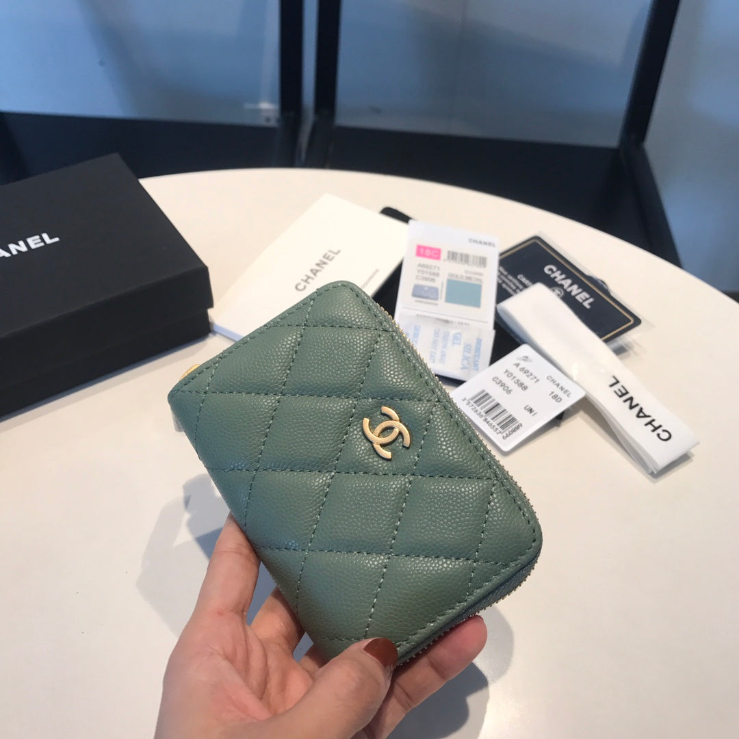 CHANEL ZIPPED COIN BASIC PURSE 11 TURQUOISE CALFSKIN GOLD ICON