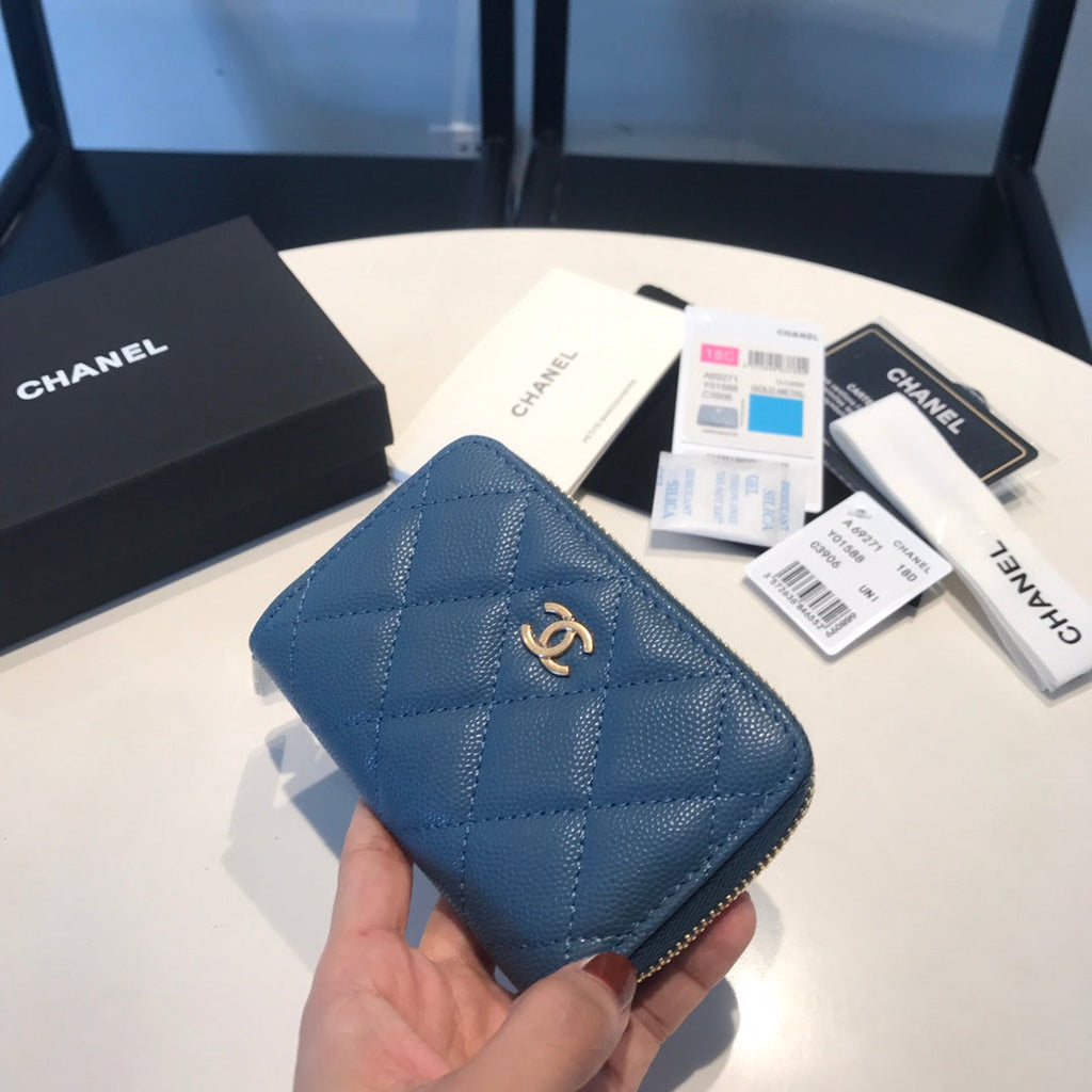CHANEL ZIPPED COIN BASIC PURSE 11 AEGEAN CALFSKIN GOLD ICON