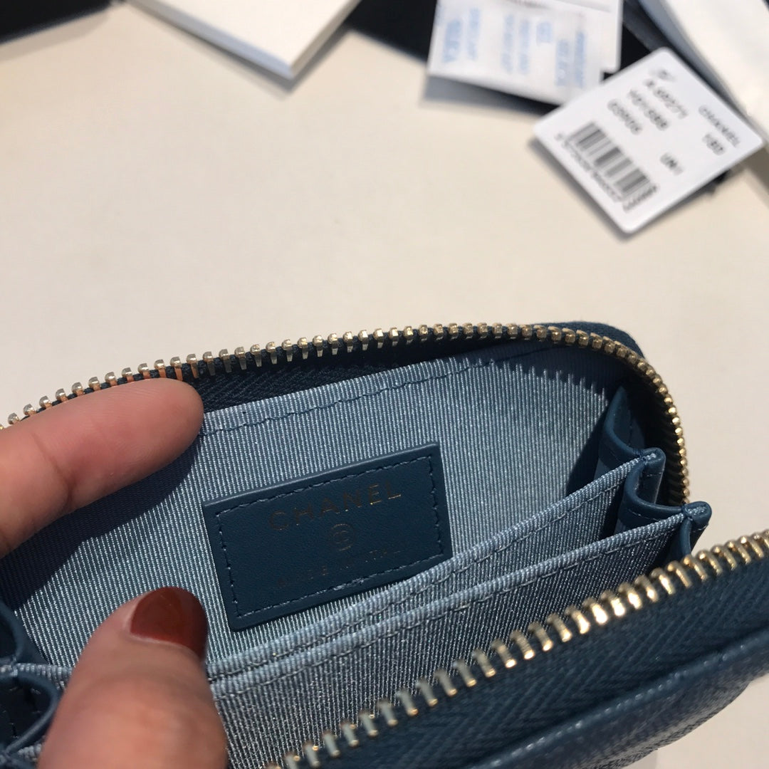 CHANEL ZIPPED COIN BASIC PURSE 11 AEGEAN CALFSKIN GOLD ICON